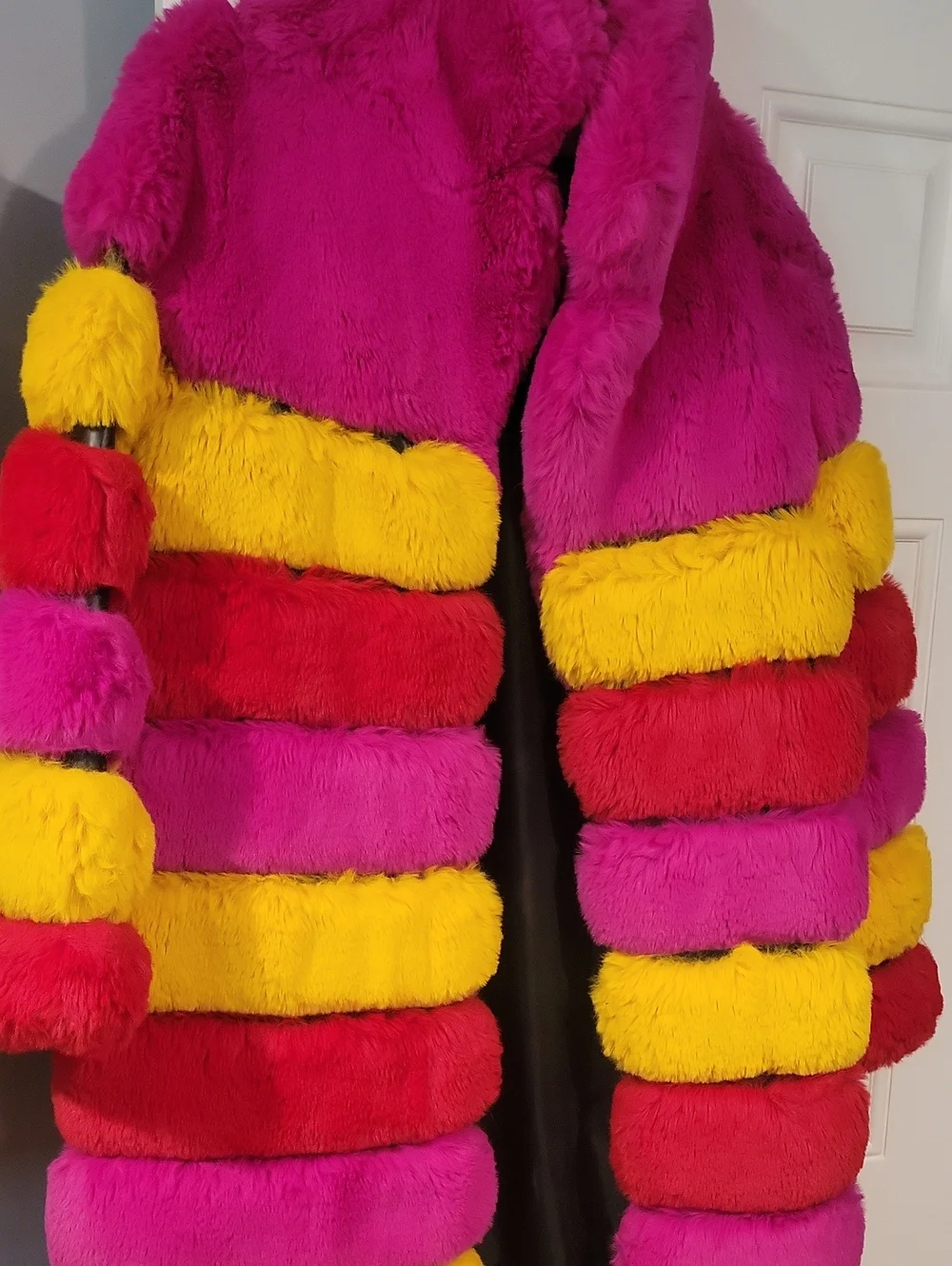 Womenso Bright Pink Faux Fur Coat with Yellow & Red Trim
